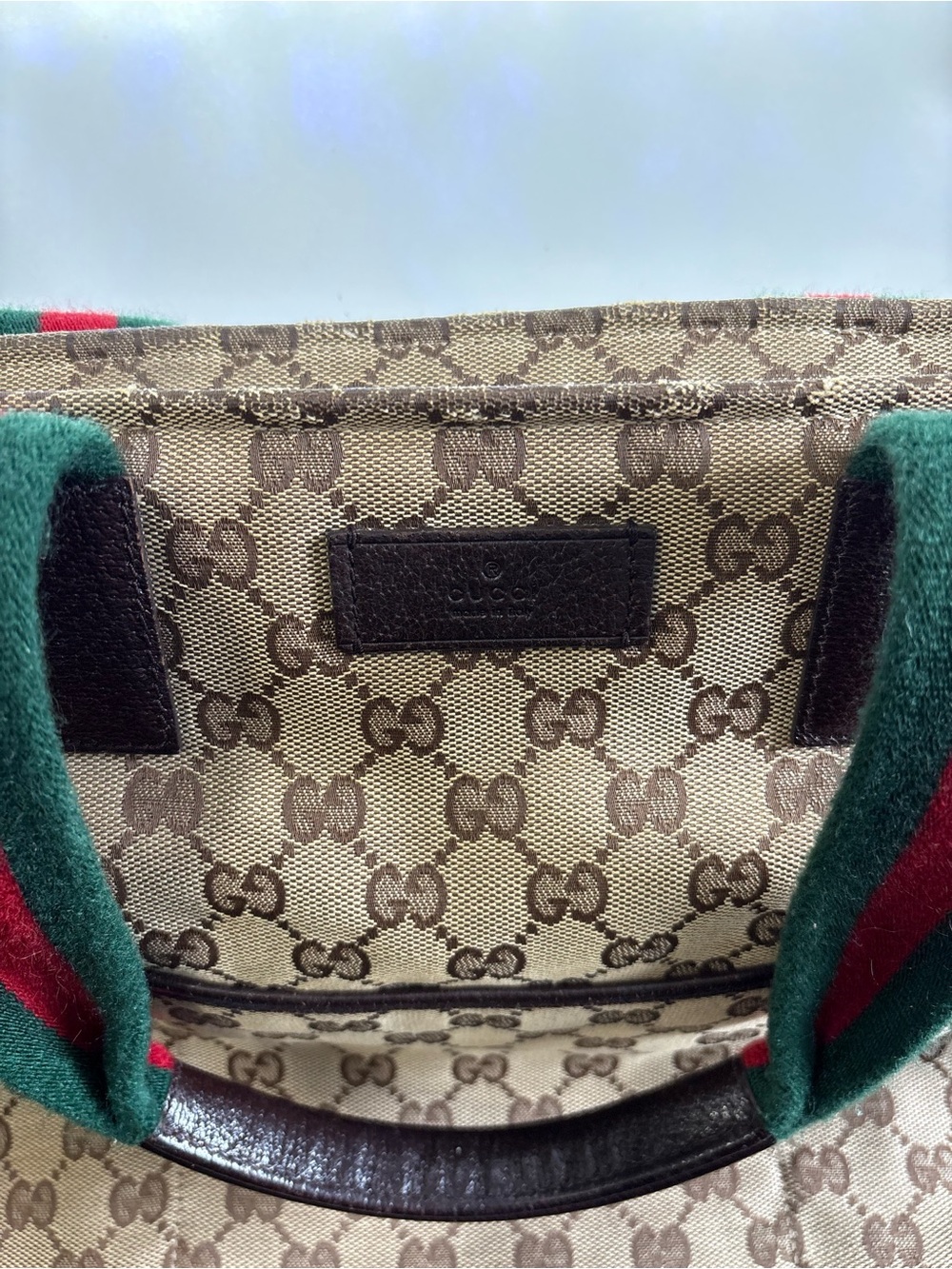 Gucci Beige GG Canvas Tote with Green and Red Web Handles - Picture 6 of 9